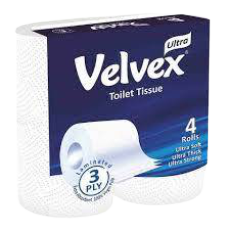 Velvex 3 Ply Toilet Rolls White x 4